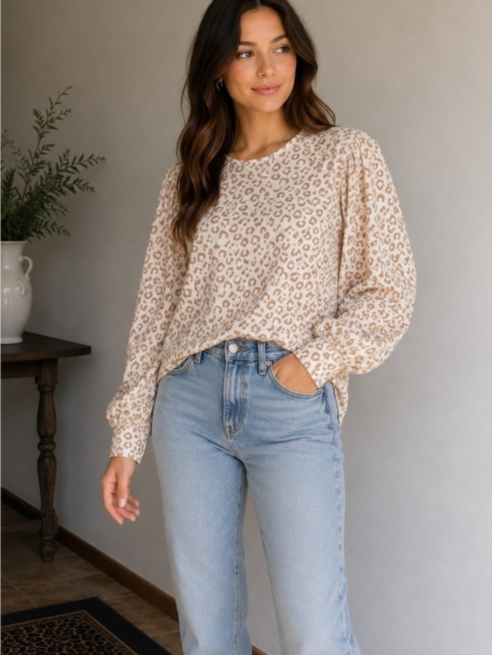 Grey State Sweater Leopard Print Cream Tan Size Small